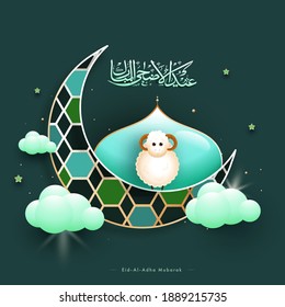 Eid-Al-Adha Mubarak Calligraphy with Crescent Moon, Mosque, Stars, Cartoon Sheep and Glossy Clouds Decorated on Green Background.