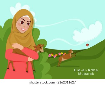 Eid-Al-Adha Mubarak Concept With Beautiful Islamic Lady Holding Goat And Nature View On Turquoise Background.
