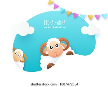 Eid-Al-Adha Mubarak Concept with Cartoon Two Sheep and Bunting Flags Decorated on Paper Cut Abstract Background.