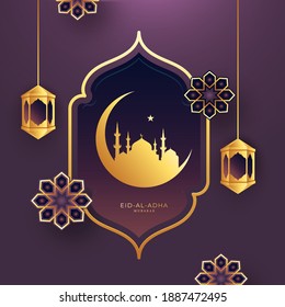 Eid-Al-Adha Mubarak Concept with Crescent Moon, a Star, Mosque Hanging Lanterns and Mandala Decorated on Purple Background.
