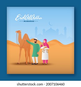 Eid-Al-Adha Mubarak Konzept mit dem gesichtslosen muslimischen Mann und der weiblichen Ziege, Kamel auf Wüstenhintergrund.