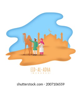 Eid-Al-Adha Mubarak Concept With Faceless Muslim Man And Woman Holding Goat, Camel On Abstract Blue And Brown Silhouette Mosque Background.