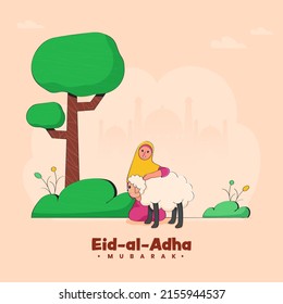 Eid-Al-Adha Mubarak Concept With Islamic Young Woman Holding Sheep And Tree On Peach Silhouette Mosque Background.