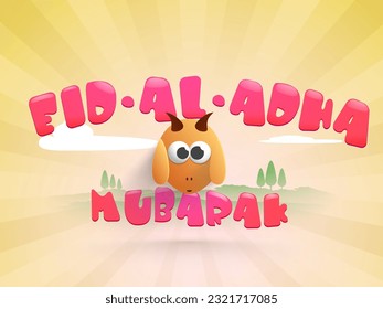 Eid-Al-Adha Mubarak Concept with Mascot Goat Character on Gradient Pink and Yellow Rays Background.