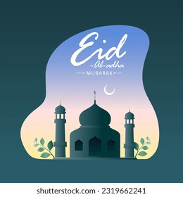 Eid-Al-Adha Mubarak Concept with Mosque Illustration, Crescent Moon, Leaves on Abstract Background.