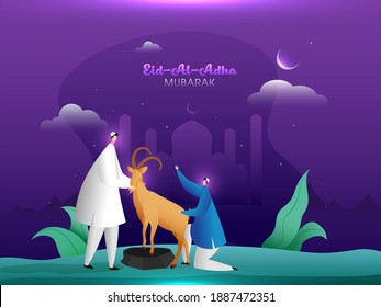 Eid-Al-Adha Mubarak Concept with Muslim Men holding a Cartoon Goat and Crescent Moon on Purple Silhouette Mosque Background.