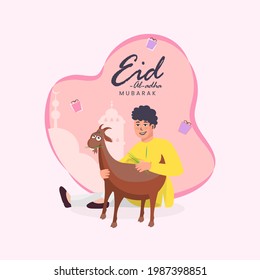 Eid-Al-Adha Mubarak Concept With Muslim Young Boy Holding A Goat On Pink Silhouette Mosque Background.