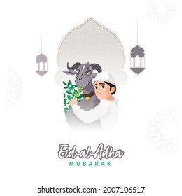 Concepto De Eid-Al-Adha Mubarak Con Jóvenes Musulmanes Alimentando Grasa Para Animales De Cabra Con Fondo Blanco.
