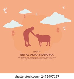 Concepto De Eid-Al-Adha Mubarak Con El Personaje Musulmán De Los Muchachos Jóvenes Y El Animal De Cabras Sobre Fondo Naranja. Tarjeta de felicitación de Eid al Adha. Lindo dibujo animado sosteniendo una cabra para el sacrificio. Ilustración vectorial