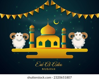 Eid-Al-Adha Mubarak Concept with Two Cartoon Sheep, Mosque and Bunting Flags Decorated on Dark Teal Lights Effect Background.