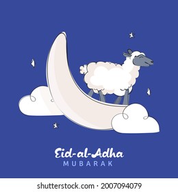 Eid-Al-Adha Mubarak Concept With White Crescent Moon, Cartoon Sheep And Clouds On Blue Background.