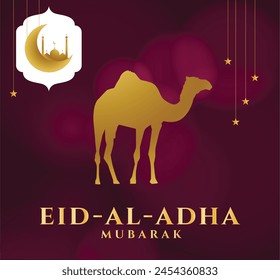 Eid-Al-Adha Mubarak design with camel,  Mosque, Moon and beautiful background Premium Vector 