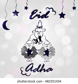 Eid-al-adha Mubarak. Eid Mubarak background with Baby  sheep, moon, star for  muslim community festival of sacrifice, Blessed festival. design decoration for greeting card, banner, invitation, flyer.