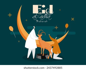 Eid-Al-Adha Mubarak festival, cartoon illustration of Islamic two men holding a goat against big crescent moon.