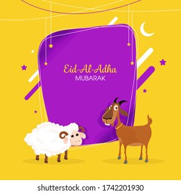 Eid-Al-Adha Mubarak Font with Cartoon Sheep, Goat, Crescent Moon and Stars Decorated on Purple and Yellow Background.