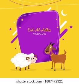 Eid-Al-Adha Mubarak Font with Cartoon Sheep, Goat, Crescent Moon and Stars Decorated on Purple and Yellow Background.