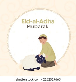 Eid-Al-Adha Mubarak Greeting Card With Islamic Young Boy Holding Sheep On White And Cosmic Latte Background.