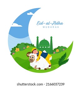 Eid-Al-Adha Mubarak Greeting Card With Islamic Boy Hugging Sheep, Mosque On Crescent Moon Shape Floral Background.
