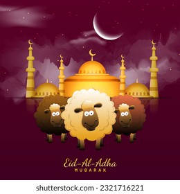 Eid-Al-Adha Mubarak Grußkarte mit drei Cartoon-Schafen, die vor der goldenen Moschee-Illustration auf dunkelrosa Crescent Moon Night Hintergrund stehen.