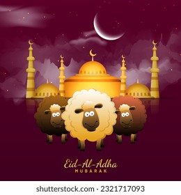 Eid-Al-Adha Mubarak Greeting Card with Three Cartoon Sheep Standing in Front of Golden Mosque Illustration on Dark Pink Crescent Moon Night Background.