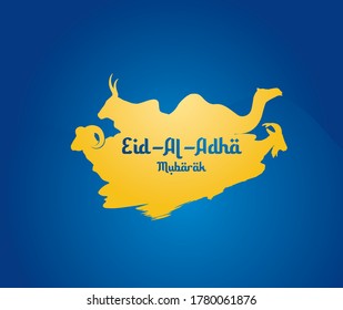 Eid-Al-Adha Mubarak, Islamic eid holiday blue background. Muslim Eid al Adha greeting card. Animals to sacrifice for muslim eid-ul-adha. Vector illustration for Eid.