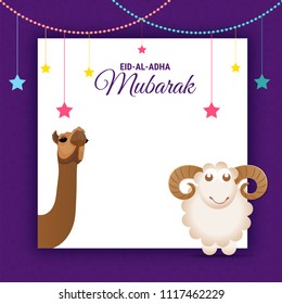 Eid-Al-Adha Mubarak, Islamic festival of sacrifice with illustration of happy sheep,  and camel and space for your wishes. 