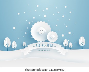 Eid-Al-Adha Mubarak, Islamic festival of sacrifice concept with paper art element sheeps, and trees on sky blue nature background. 