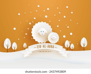 Eid-Al-Adha Mubarak, Islamic festival of sacrifice concept with paper art cartoon sheeps and trees on nature yellow background. 