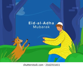 Diseño De Afiches De Eid-Al-Adha Mubarak, Joven Islámico Sin Cara Jugando Con Cabra En Fondo Azul Y Verde.