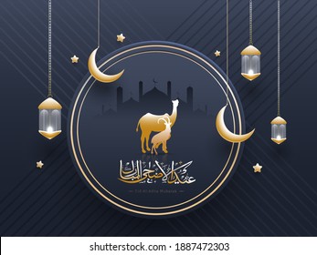 Eid-Al-Adha Mubarak Poster Design with Golden Camel, Goat, Glossy Stars, Hanging Crescent Moon and Illuminated Lanterns Decorated on Grey Cross Strip Pattern Background.