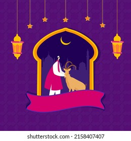 Eid-Al-Adha Mubarak Poster Design With Islamic Cartoon Man Holding Goat, Crescent Moon, Stars, Lanterns Hang On Purple Silhouette Mosque Background.