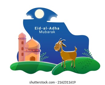 Eid-Al-Adha Mubarak Poster Design With Mosque, Goat Animal, Full Moon On Blue And White Background.