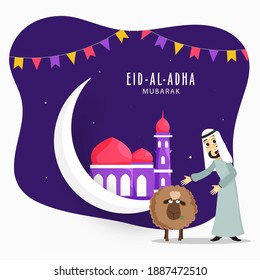 Eid-Al-Adha Mubarak Text with Crescent Moon, Mosque and Cheerful Arabian Man Showing Cartoon Sheep on Abstract Purple Background.