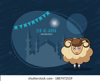 Eid-Al-Adha Mubarak Mensajes de texto con luna creciente, Mezquita de Silueta y Oveja de caricatura sobre fondo azul.