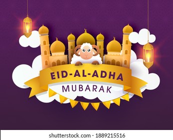 Eid-Al-Adha Mubarak Text in Golden Ribbon with Cartoon Sheep, Mosque, Clouds and Hanging Illuminated Lanterns on Purple Background.