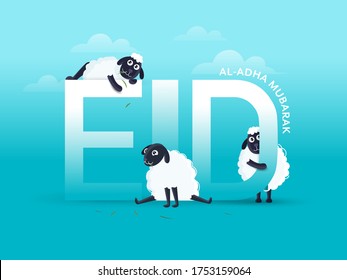 Eid-Al-Adha Mubarak Text with Three Cartoon Funny Sheep on Sky Blue Background.