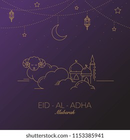 Eid-al-Adha Mubarak Vector Graphic Card.  Moon, lantern, mosque in the clouds.