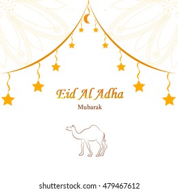 Eid-al-adha Mubarak Vector greeting card design with Baby  camel, moon, star for muslim community festival of sacrifice, Blessed festival.  design decoration of flyers, posters.