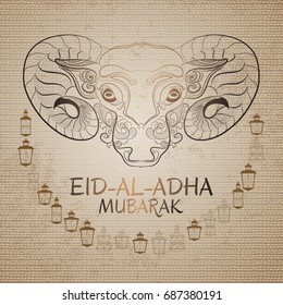 Eid-Al-Adha Mubarak. Vector illustration of sheep and lantern. Greeting card template for Muslim Community Festival of sacrifice Eid-Ul-Adha.