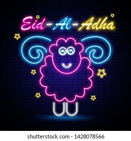 Eid-Al-Adha poster or banner design. Islamic festival of sacrifice concept with illustration of sheep and lighting decoration on black background.