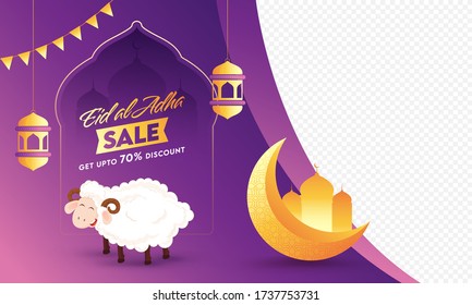 Eid-Al-Adha Sale Banner Design with 70% Discount Offer and Cartoon Sheep on Purple and Png Background.