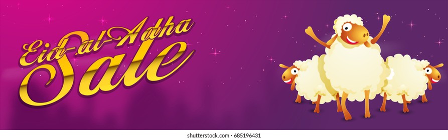 Eid-Al-Adha Sale social media banner with illustration of cartoon sheep and mosque silhouette.
