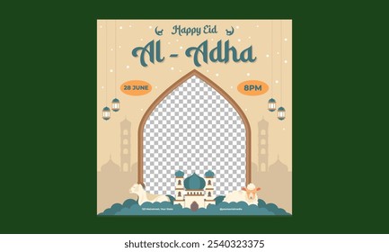 Medios sociales de Eid-Al-Adha. Ilustración moderna del Vector de la mezquita, cordero, paisaje, patrón abstracto, media luna, naturaleza para la tarjeta de felicitación, fondo islámico, cartel o volante de venta