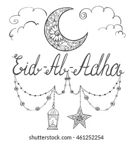 Eid-Al-Adha theme. Beautiful greeting card, doodle elements. Muslim traditional holiday. Hand drawn vector illustration with flashlights, moon, clouds, stars and lettering.  