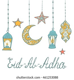 Eid-Al-Adha theme. Beautiful greeting card, doodle elements. Muslim traditional holiday. Hand drawn vector illustration with flashlights, moon, stars and lettering.  