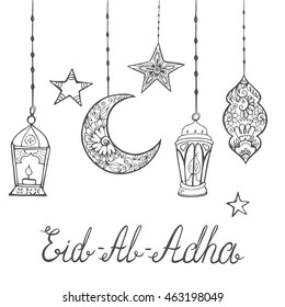 Eid-Al-Adha theme. Beautiful greeting card, doodle elements. Muslim traditional holiday. Hand drawn vector illustration with flashlights, moon, stars and lettering.  