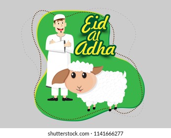 Eid-Al-Adha Typography Greeting Card with Character and Sheep for Muslim Community Festival