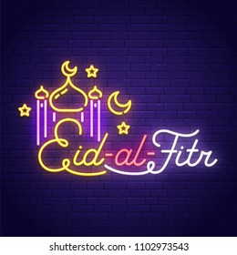 Eid-al-Firt neon sign, bright signboard, light banner. Eid Mubarak logo, emblem. Vector illustration