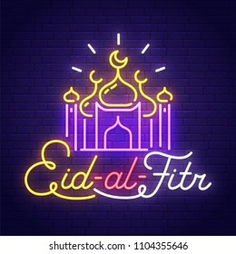 Eid-al-Firt neon sign, bright signboard, light banner. Eid Mubarak logo, emblem. Vector illustration