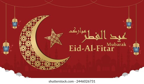Eid-al-fitar mubarak Arabic text translation Eid-al-fitar greetings with star crescent lights and moon decorative elements